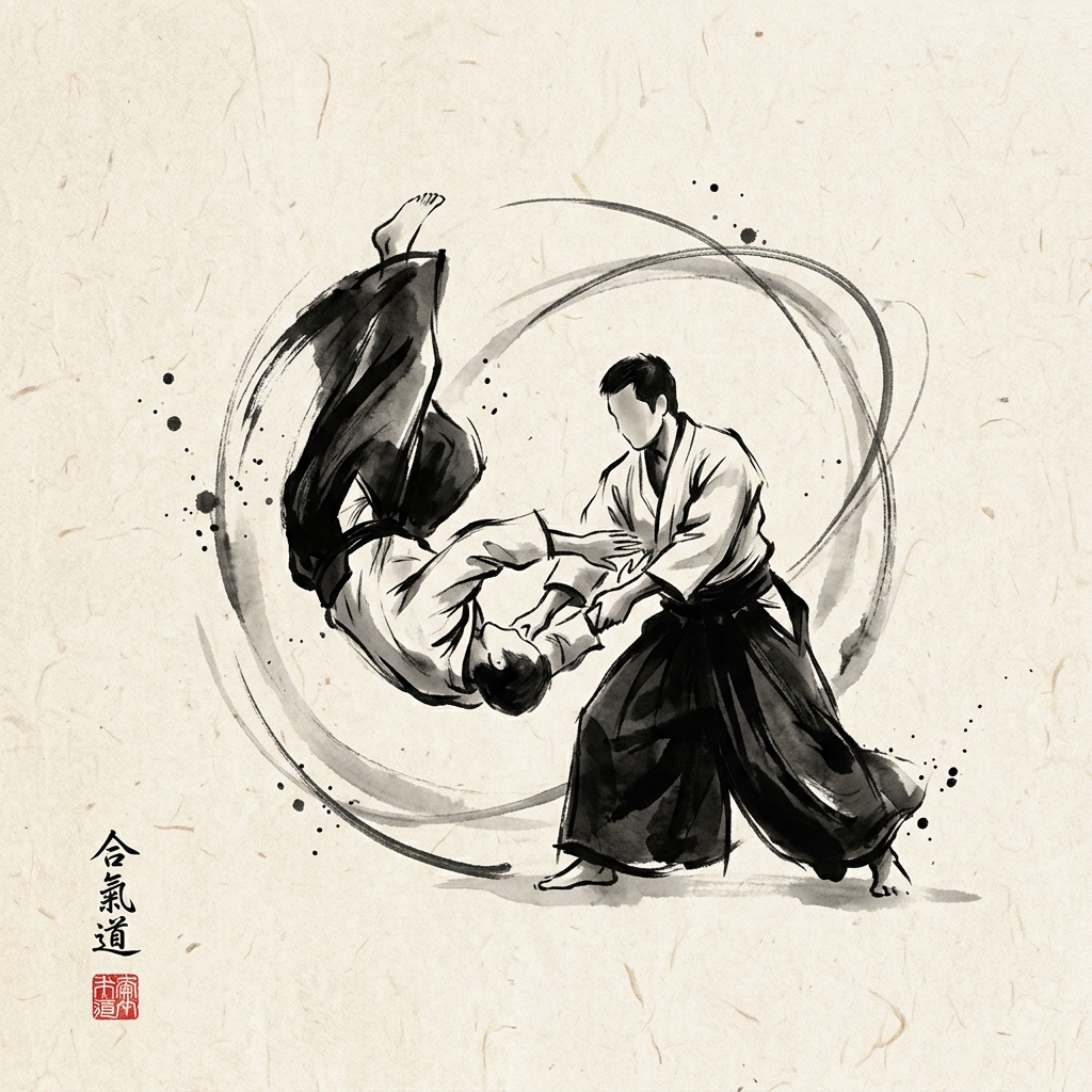 Ilustración Sumi-e de una técnica de proyección de Aikido