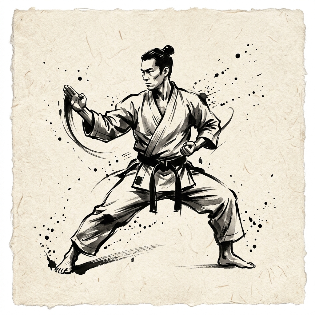 Ilustración Sumi-e de practicante de Karate-do realizando un golpe