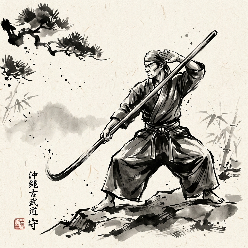 Ilustración Sumi-e de practicante de Kobudo empuñando un Bo